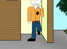 a cartoon character is walking out of a door