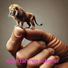 a person is holding a small lion figurine on their finger .