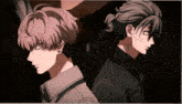 two anime characters are standing back to back and one has a tattoo on his arm