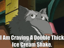 a cartoon character with the words " i am craving a double thick ice cream shake " below him