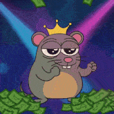 a cartoon mouse wearing a gold crown is surrounded by money