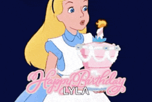 alice from alice in wonderland blowing out a candle on a birthday cake .