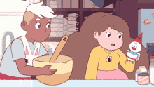 a cartoon of a boy mixing something in a bowl while a girl holds a stuffed animal