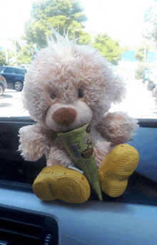 a teddy bear is holding an ice cream cone with a label that says ' ice cream ' on it