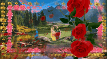 a painting of a couple standing next to a river with red roses in the foreground