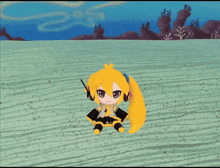 a pink stuffed animal with a yellow haired girl behind it