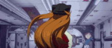 a woman with long red hair is wearing a black hat with ears