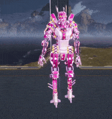 a pink and white robot is standing in front of a landscape