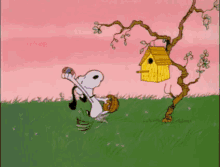 a cartoon of snoopy throwing an easter egg in the air
