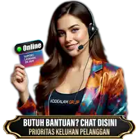 a woman wearing a headset holds a card that says online