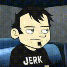 a cartoon boy wearing a black shirt that says jerk