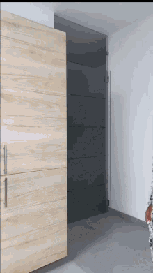 a sliding glass door with a wooden cabinet behind it