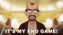 a cartoon of a man holding a statue with the words it 's my end game