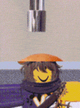 a pixelated image of a person wearing a purple scarf and hat