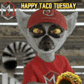 a lemur wearing a red hat and a red shirt holds a taco