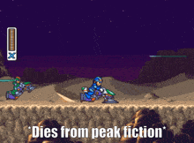 a pixelated video game with the words dies from peak fiction