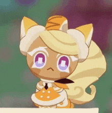 a cartoon character with long blonde hair and purple eyes is holding a piece of food .