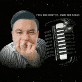 a man covering his mouth in front of a microphone with the words feel the rhythm own the stage below him