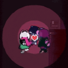 a group of pixel art characters are standing next to each other in a circle .