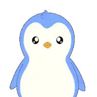 a blue and white penguin with a yellow beak is standing on a white background