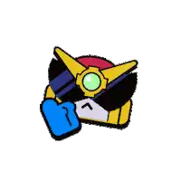 a cartoon drawing of a robot with sunglasses and a blue glove .