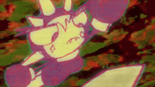 a colorful drawing of a monster with horns and a crown on its head