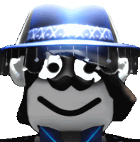 a cartoon character wearing a blue hat and sunglasses has a smile on his face