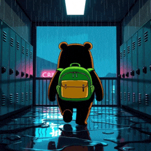 a bear with a green backpack is walking through a hallway with lockers and a neon sign that says cri