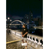a man is standing on a bridge with the words wtf written on the bottom