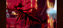 a cartoon character is standing in a room with a red background and a red flame coming out of it .