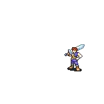 a pixel art drawing of a sword with a purple blade and a purple handle on a white background .