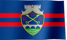 a blue and red flag with a shield with the letters gdc on it