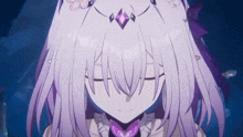 a close up of a girl with purple hair and a purple butterfly around her neck
