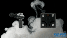 an ad for renpho shows a massage gun and a scale with smoke coming out of them