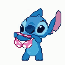a pixel art of stitch wearing a pink hat and sunglasses
