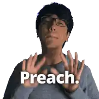 a man wearing glasses is making a gesture with his hands that says preach