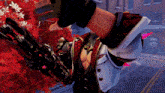 a man in a suit is holding a gun in a video game with red leaves in the background