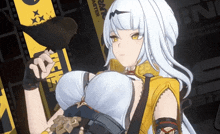 a girl with white hair is standing in front of a sign that says disaster aster