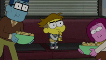 a group of cartoon characters are sitting on a couch holding bowls of chips
