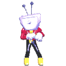 a pixel art drawing of a man with a tv head