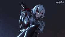 a girl with red eyes and white hair is holding a sword in her hand .