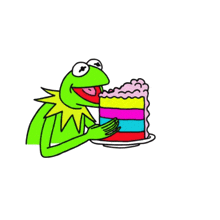 kermit the frog is holding a slice of rainbow cake on a plate