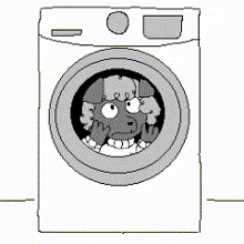 a black and white drawing of a washing machine with a cartoon character inside
