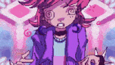 a pixel art drawing of a girl with pink hair and a purple jacket