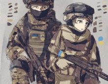 a drawing of two soldiers with one wearing a patch that says ukraine