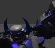a 3d model of a robot with blue horns and a gray body
