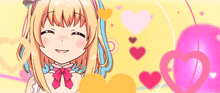 a girl with blonde hair and a red bow on her neck is smiling