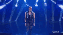 a wrestler is walking on a stage with chains hanging from the ceiling behind her .