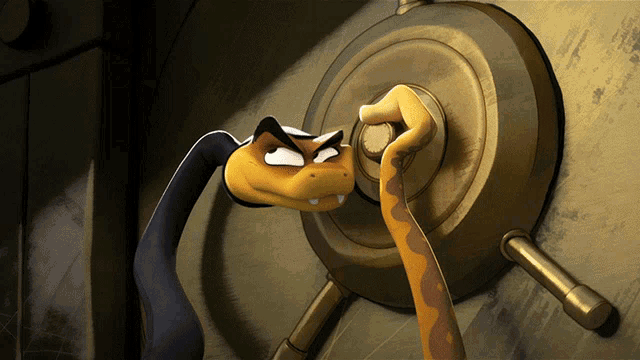 a cartoon snake is trying to open a vault