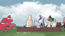 a group of cartoon characters standing around a table with a spray bottle on it